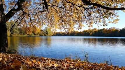 Poster - Serene autumn scene with a tranquil lake surrounded by vibrant fall foliage under a clear blue sky : Generative AI