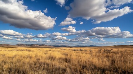 Aufkleber - Stunning wide open landscape featuring golden grass under a blue sky filled with fluffy white clouds : Generative AI