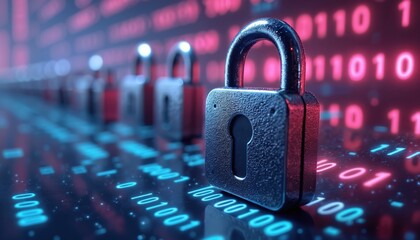 Fototapete - Digital lock sign over binary code background, representing big data, encrypted computer code for internet security, privacy concepts. Illustration cyber safety, protection, network access,
