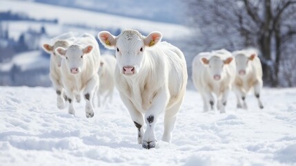 Aufkleber - Adorable calves playing in a snowy field demonstrating the joys of winter and farm life : Generative AI