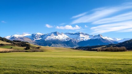 Aufkleber - Majestic SnowCapped Mountains Surrounded by Expansive Green Fields and Clear Blue Sky : Generative AI