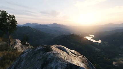 Poster - Breathtaking panoramic view of mountains during sunrise with calm rivers reflecting the morning light : Generative AI