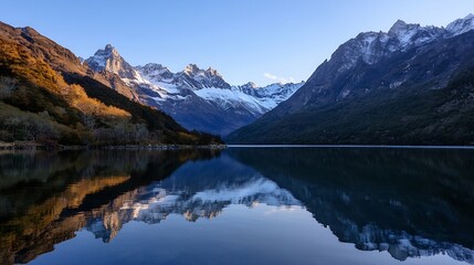 Poster - Peaceful mountain landscape featuring a serene lake reflecting majestic peaks and autumn colors : Generative AI
