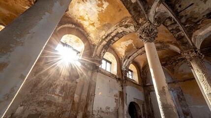 Poster - Sunlight Streaming Through Old Abandoned Church Interior with Arches : Generative AI
