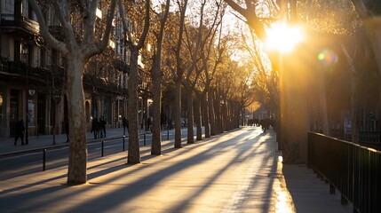 Poster - Golden Sunlight Peeking Through Trees on Urban Road in a Quiet City Street : Generative AI