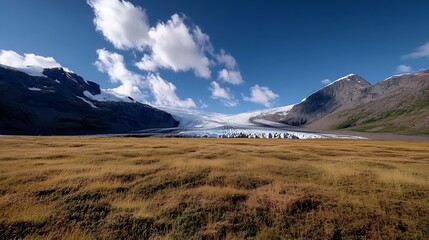 Poster - Majestic Glacial Landscape Surrounded by Mountains and Foliage Under Blue Skies : Generative AI