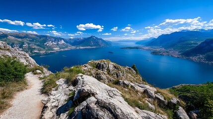 Poster - Breathtaking panoramic view of Lake Como surrounded by picturesque mountains and vibrant blue skies : Generative AI