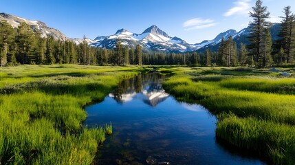 Aufkleber - Lush green meadow with clear reflections in a calm river framed by majestic mountains : Generative AI