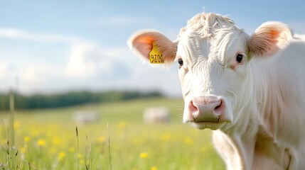 Poster - CloseUp Shot of a Curious Cow in a Sunny Grass Field : Generative AI