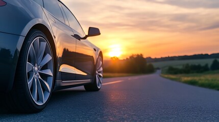 Poster - Sporty Car Parked on an Open Road with a Stunning Sunset in the Background : Generative AI