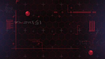 Poster - Animation of red geometric shapes and math symbols on dark hexagonal grid