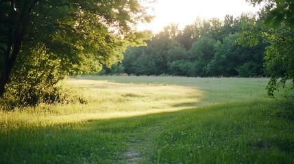 Aufkleber - Serene view of a sunlit meadow with lush green grass and a winding path leading into the woods : Generative AI