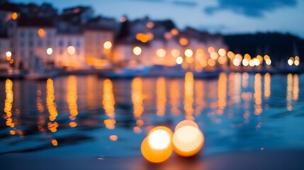 Aufkleber - Beautiful evening waterfront view with warm lights and reflections on calm water : Generative AI