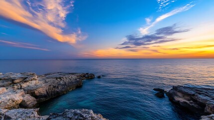 Poster - Breathtaking Seaside Sunset Over the Calm Ocean Waters with Dramatic Clouds in the Sky : Generative AI