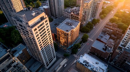 Poster - Aerial View of Urban City Overhead with Streets and Buildings Bathed in Golden Sunset Light : Generative AI