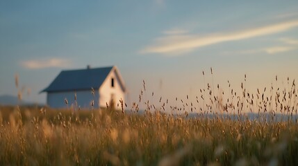 Aufkleber - Charming rural house nestled in a golden field during sunset with soft light : Generative AI