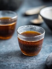 Aufkleber - Glistening glass cups filled with refreshing brown beverage on a rustic countertop : Generative AI