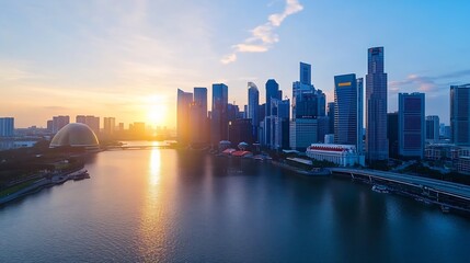 Fototapete - Stunning Skyline of a Modern City at Sunset with Reflections in the Calm Water Below : Generative AI