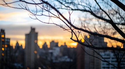 Poster - Captivating city skyline silhouette viewed through bare branches at sunset creating a dramatic scene : Generative AI