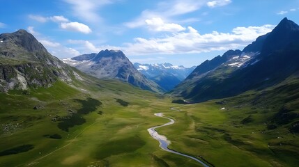 Aufkleber - Breathtaking aerial view of a lush green valley and river surrounded by majestic mountains : Generative AI