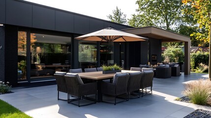 Aufkleber - Elegant outdoor dining area featuring a stylish table and umbrella surrounded by greenery : Generative AI
