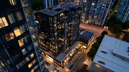 Poster - Stunning aerial view of a modern city building illuminated at night with vibrant lights and surrounding landscape : Generative AI