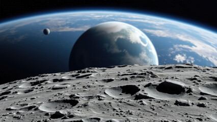 lunar craters, space landscape, another planet, earth rising over moon, grey rocks