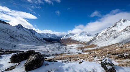 Poster - Breathtaking panoramic view of snowy mountains and valleys under a clear blue sky : Generative AI