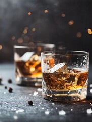Aufkleber - Refreshing whiskey on the rocks in a stylish glass surrounded by inviting atmosphere and soft bokeh lights : Generative AI
