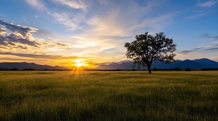 Poster - Golden Sunset Over Rolling Fields with a Lone Tree and Majestic Mountains in the Distance : Generative AI