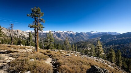 Poster - Breathtaking view of rugged mountains surrounded by lush green trees under a clear blue sky in daytime : Generative AI
