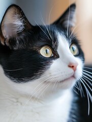 Poster - Close up of a curious black and white cat with bright green eyes against a soft background : Generative AI