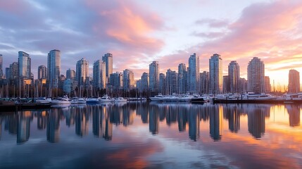 Poster - Stunning Skyline Reflection of Modern Towers at Sunset by the Water : Generative AI