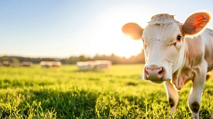 Poster - Adorable Cow Grazing on Green Pasture Under a Beautiful Sunset Sky : Generative AI