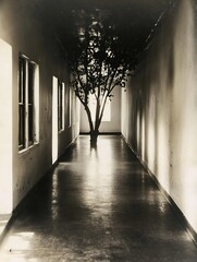 Leinwandbilder - Monochrome photograph of a haunting hallway with a tree growing indoors creating an unusual contrast : Generative AI