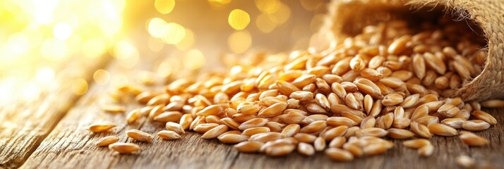 Aufkleber - Close-up view of golden wheat grains resting on wooden table with warm reflections and soft lighting for premium food concept