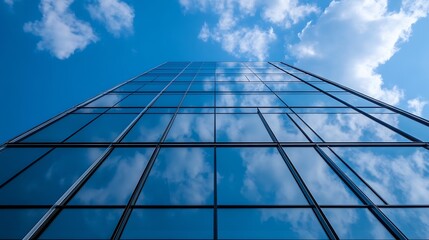 Aufkleber - Modern glass skyscraper reflecting blue skies and white clouds from a unique low angle perspective : Generative AI