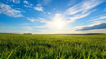 Fototapete - Vast green field under a clear blue sky with vibrant sunlight illuminating the serene landscape : Generative AI