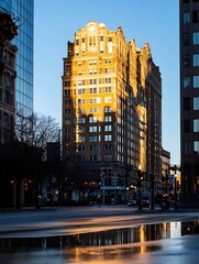 Fototapete - Sunlit Historic Building Reflecting Warm Light in Cityscape : Generative AI