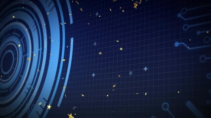 Poster - Blue grid background with digital circles and floating golden stars animation