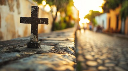 Aufkleber - Ancient stone cross stands prominently on a cobblestone path illuminated by soft sunset light : Generative AI