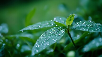 Poster - Closeup of fresh green leaves with water droplets symbolizing nature and freshness : Generative AI