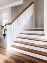 Poster - Bright and inviting modern staircase with wooden accents and a stylish design in a contemporary home : Generative AI