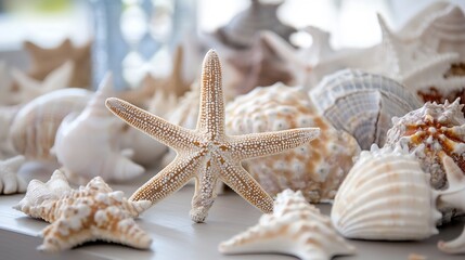 Poster - A beautiful collection of various seashells including a starfish displayed on a wooden surface : Generative AI