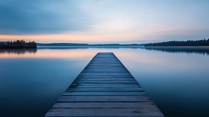 Aufkleber - Picturesque wooden pier extending into calm waters at sunset surrounded by tranquil nature scenery : Generative AI