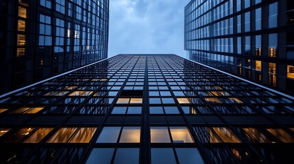 Poster - Stunning view of modern skyscrapers reflecting a moody sky filled with clouds captured from below : Generative AI