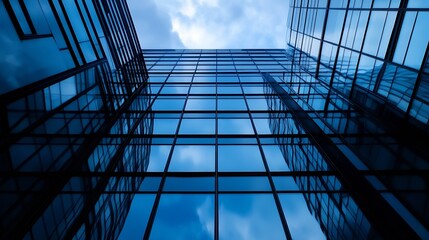 Aufkleber - Dramatic Perspective of Modern Building Facades Reflecting Sky and Clouds : Generative AI