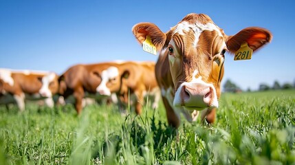 Aufkleber - Curious brown and white cow grazing in a sunlit green field with clear blue sky in the background : Generative AI
