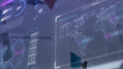 Poster - Displaying animation of digital interface with world map and data analytics