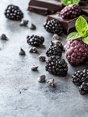 Poster - Fresh blackberries and raspberries artistically arranged with dark chocolate on a rustic surface : Generative AI
